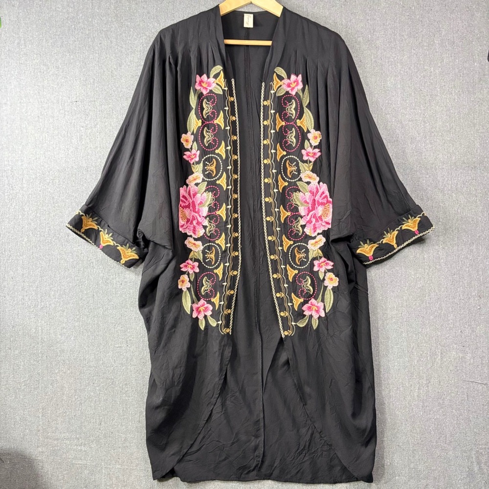 Paparazzi Kimono Women OS Black Floral Embroidered Open Front Viscose Long Wrap